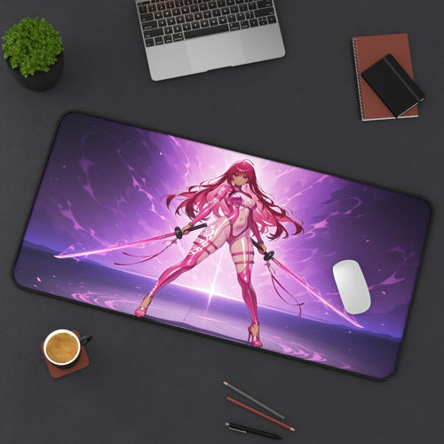 Desk setup with an anime-themed mouse pad featuring a character with pink hair and weapons.