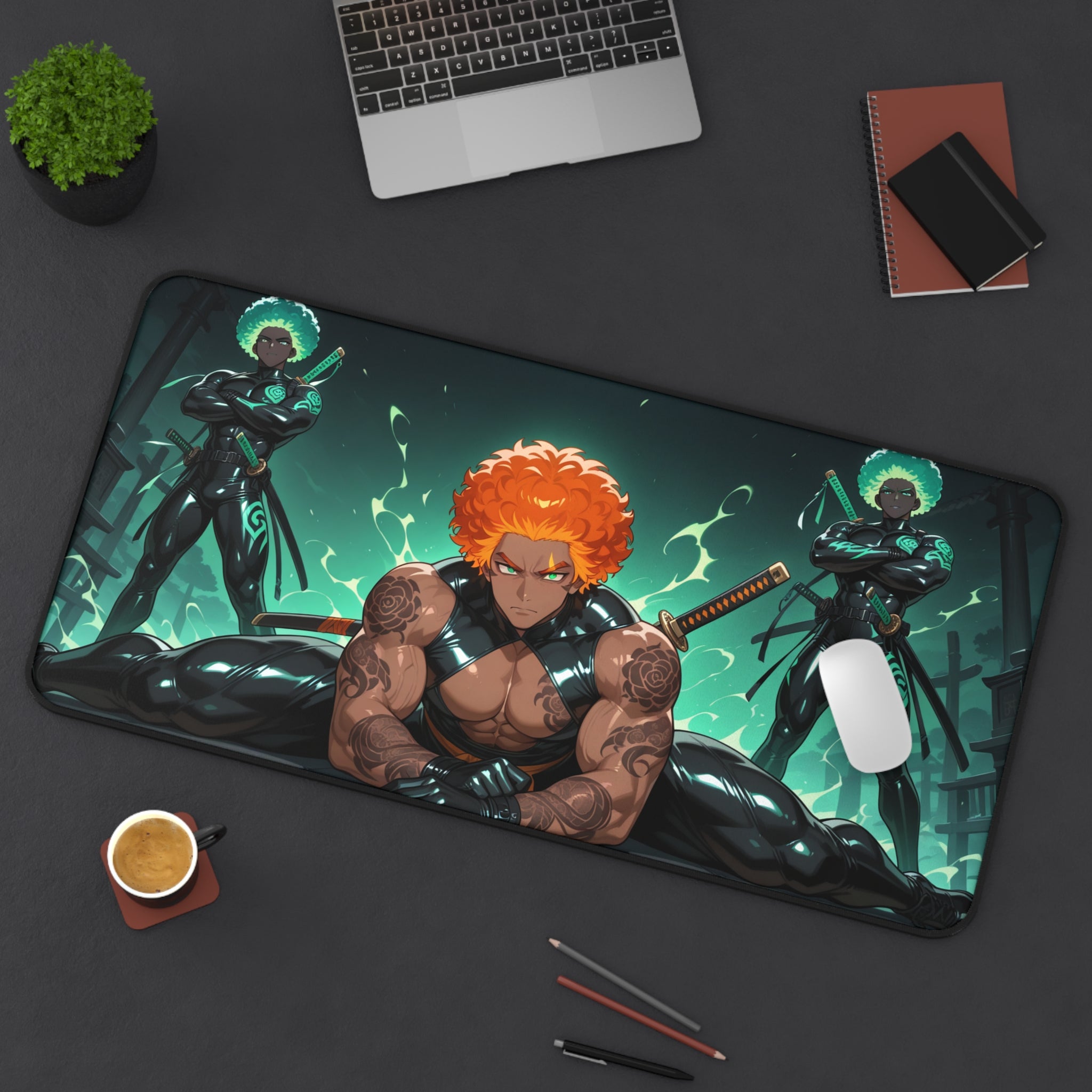 Desk setup with a large mouse pad featuring animated characters on a dark surface.