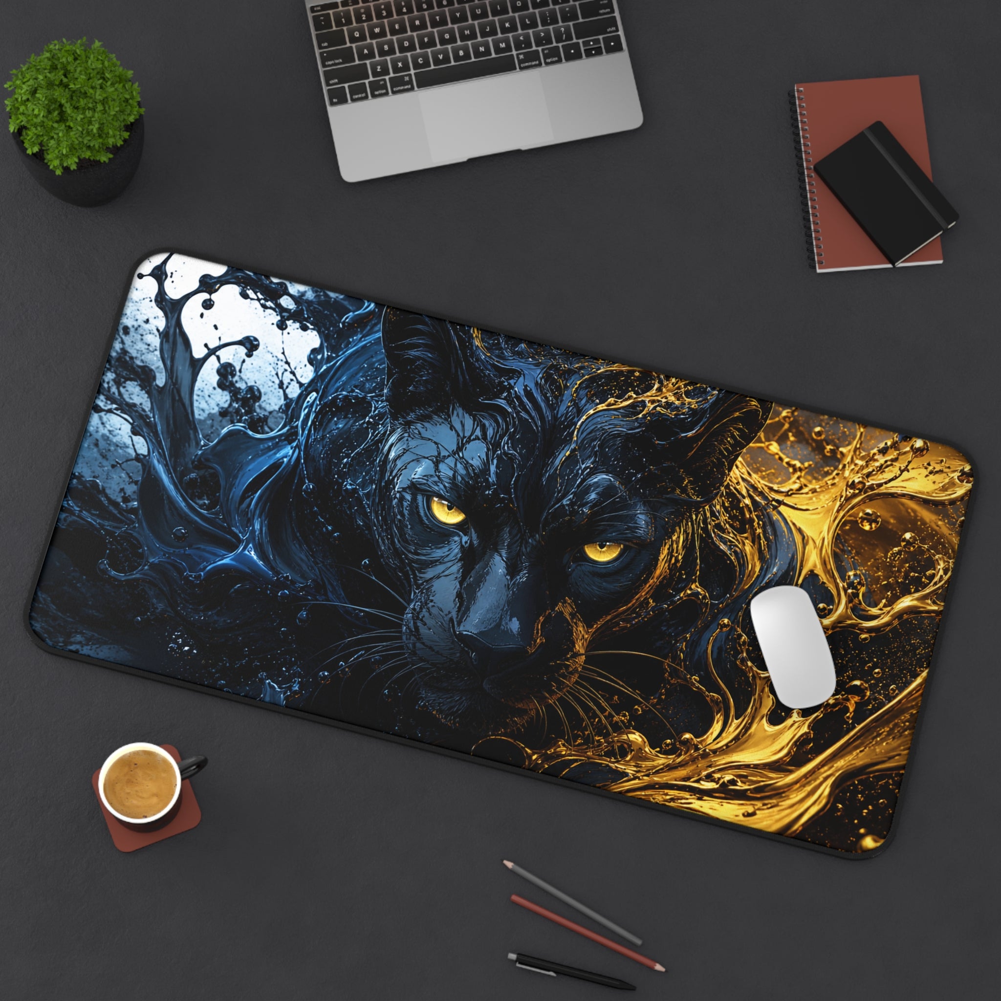 Decorative mouse pad with a panther design on a desk with office items.