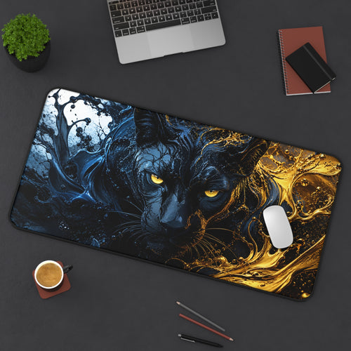 Decorative mouse pad with a panther design on a desk with office items.