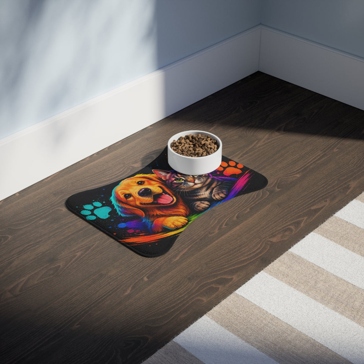 Colorful Dog & Cat Pet Feeding Mat — Non-Slip Waterproof Placemat with Heart and Paw Prints