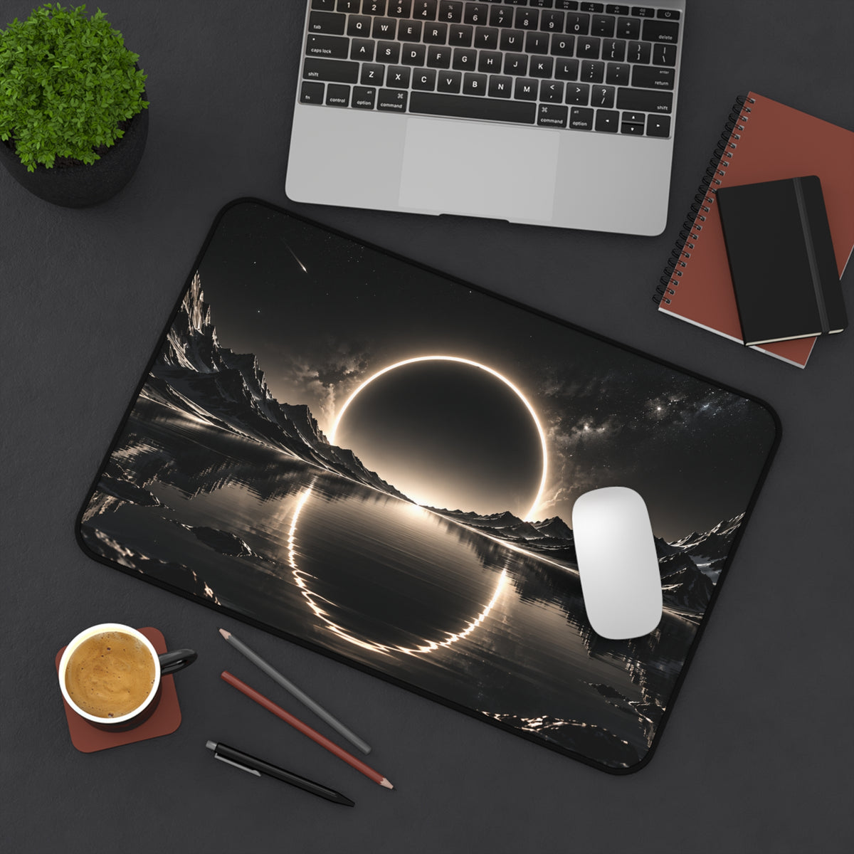 Cosmic Eclipse Mirror Lake Desk Mat & Mouse Pad
