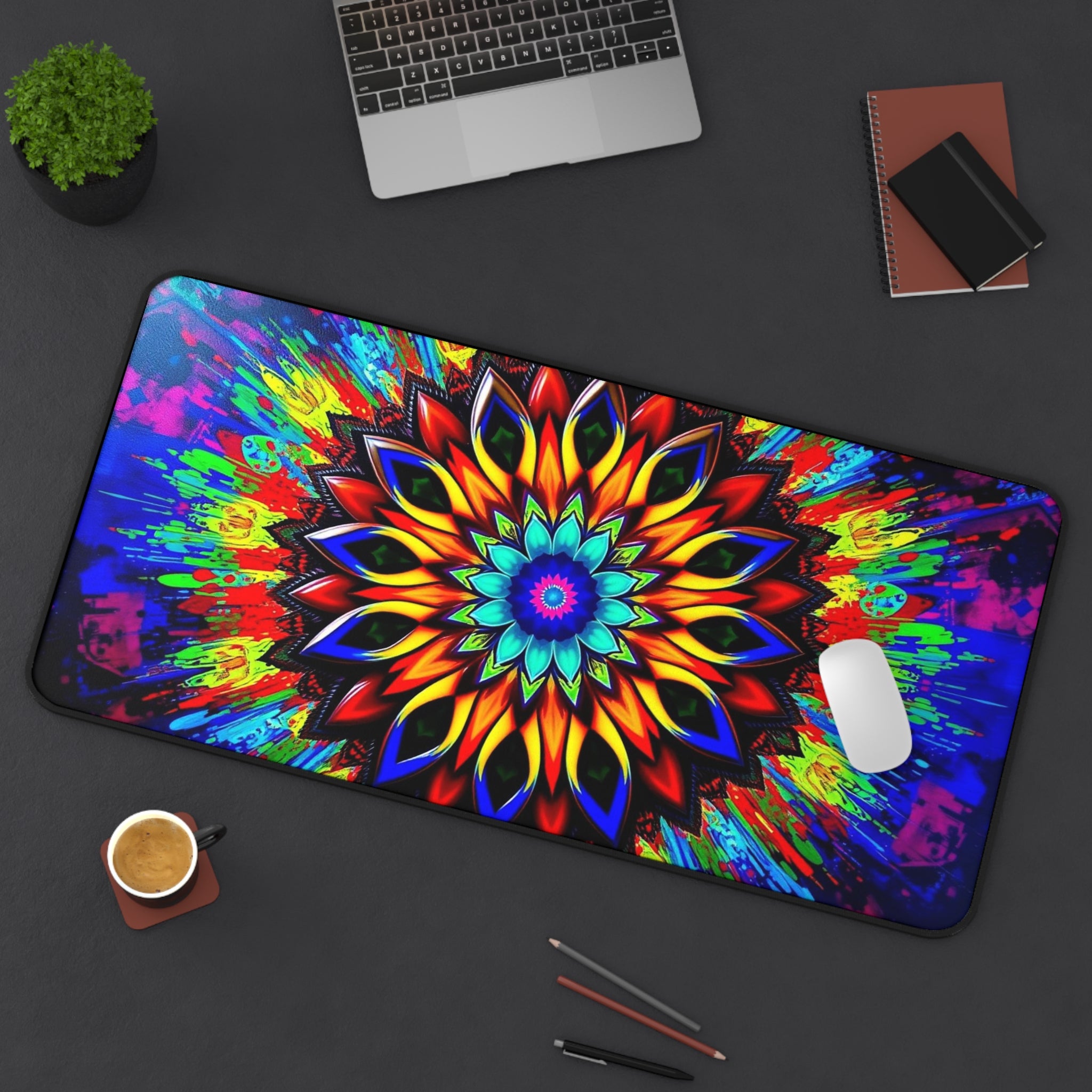 Colorful mandala design mouse pad on a desk with laptop, cup, and stationery items.