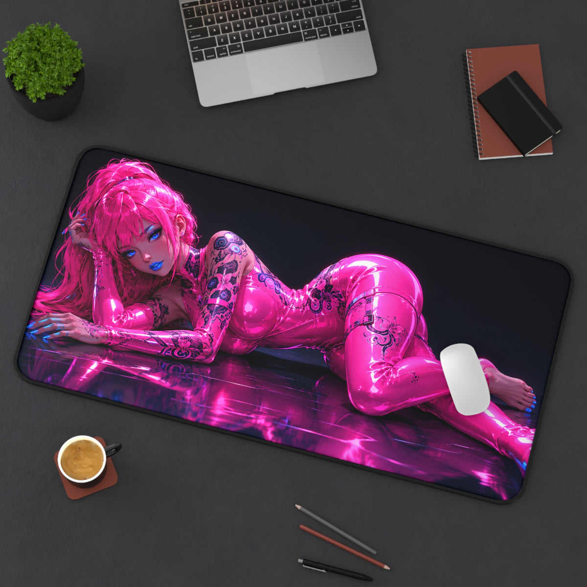 Cyberpunk Pink Babe Desk Mat, Anime Girl Gaming Mousepad