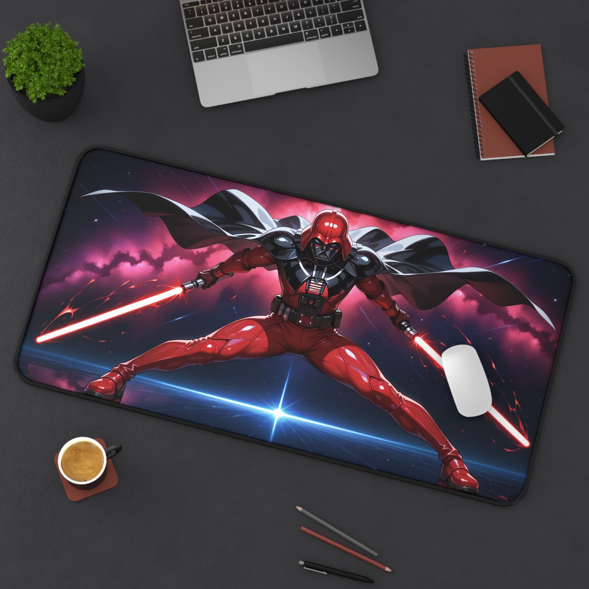 Gaming mouse pad with a character design on a desk setup