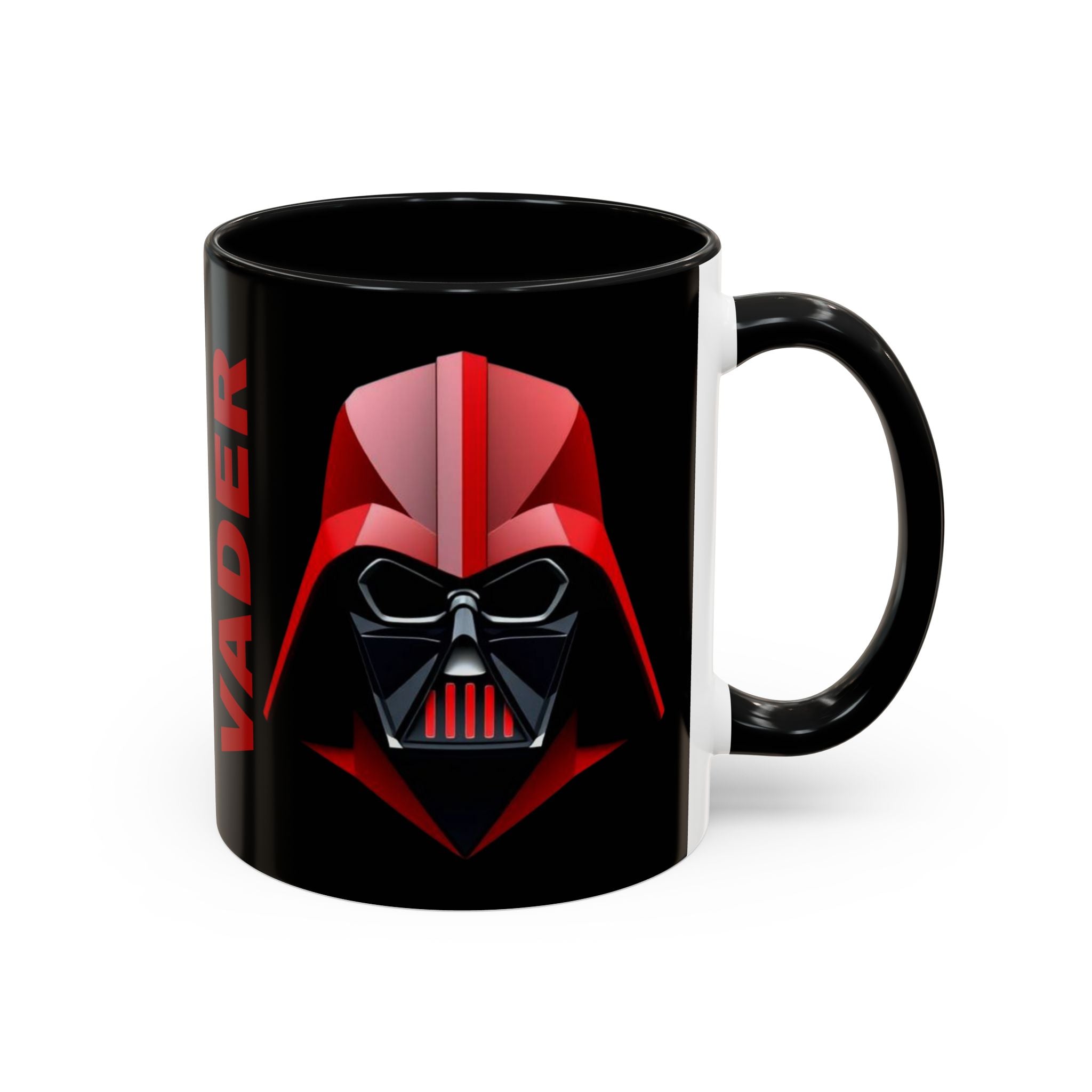 Black mug with Darth Vader design on a white background