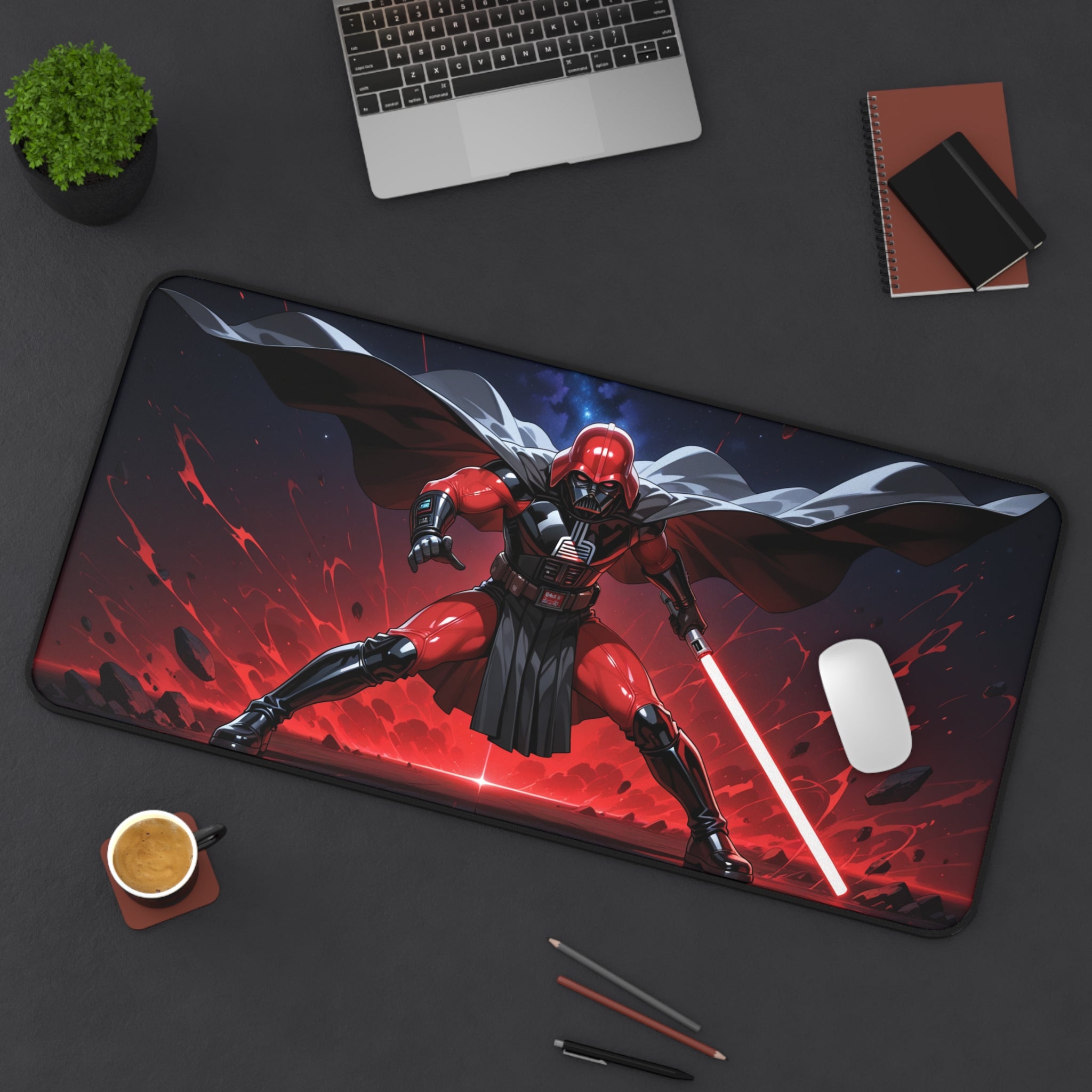 Mouse pad with a character design on a desk with a laptop and other items.