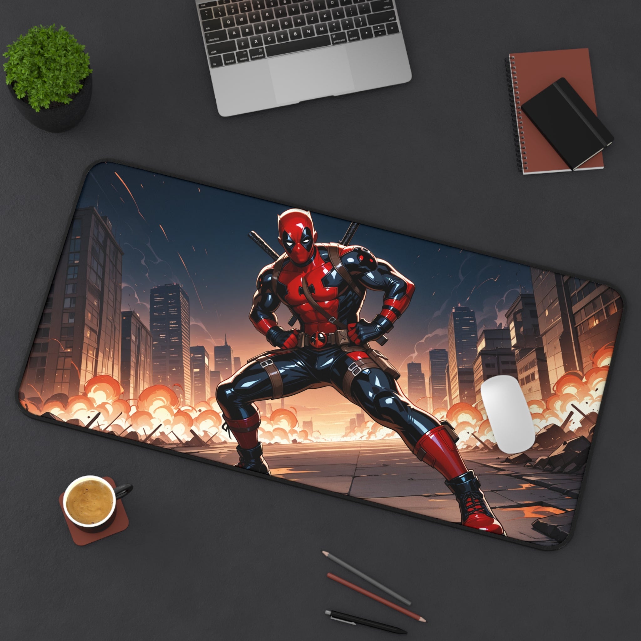 Desk setup with a superhero-themed mouse pad featuring a character in a cityscape.