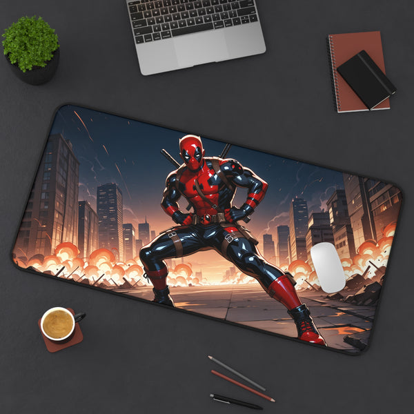Desk setup with a superhero-themed mouse pad featuring a character in a cityscape.