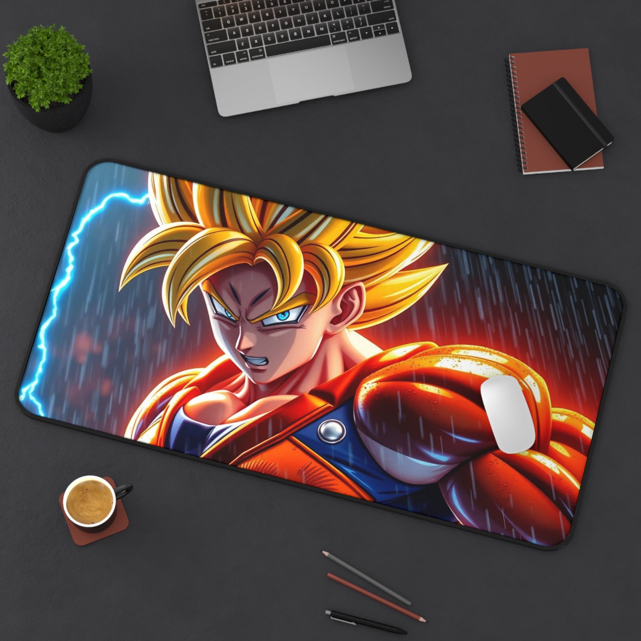 Large mouse pad with an anime character design on a desk with a laptop and other items.
