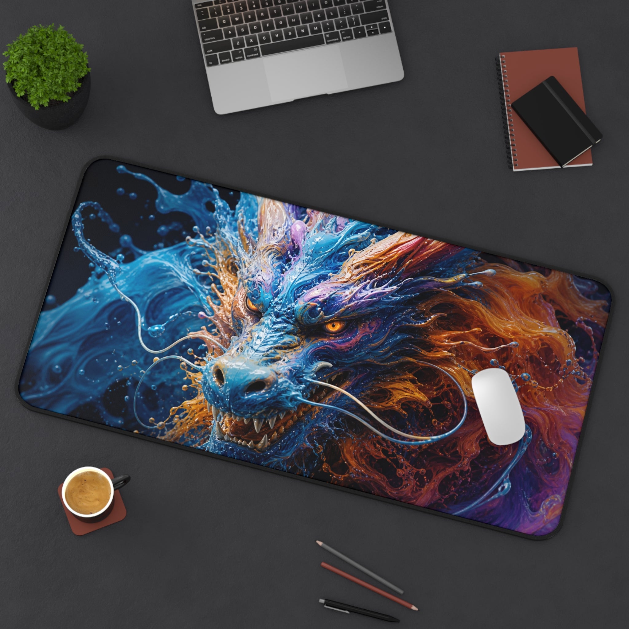 Colorful dragon design mouse pad on a desk with laptop, cup, and office supplies.