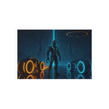 Silhouette of a person standing between glowing circular objects in a dark, futuristic setting.