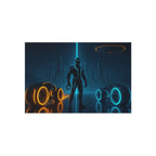 Silhouette of a person standing between glowing circular objects in a dark, futuristic setting.