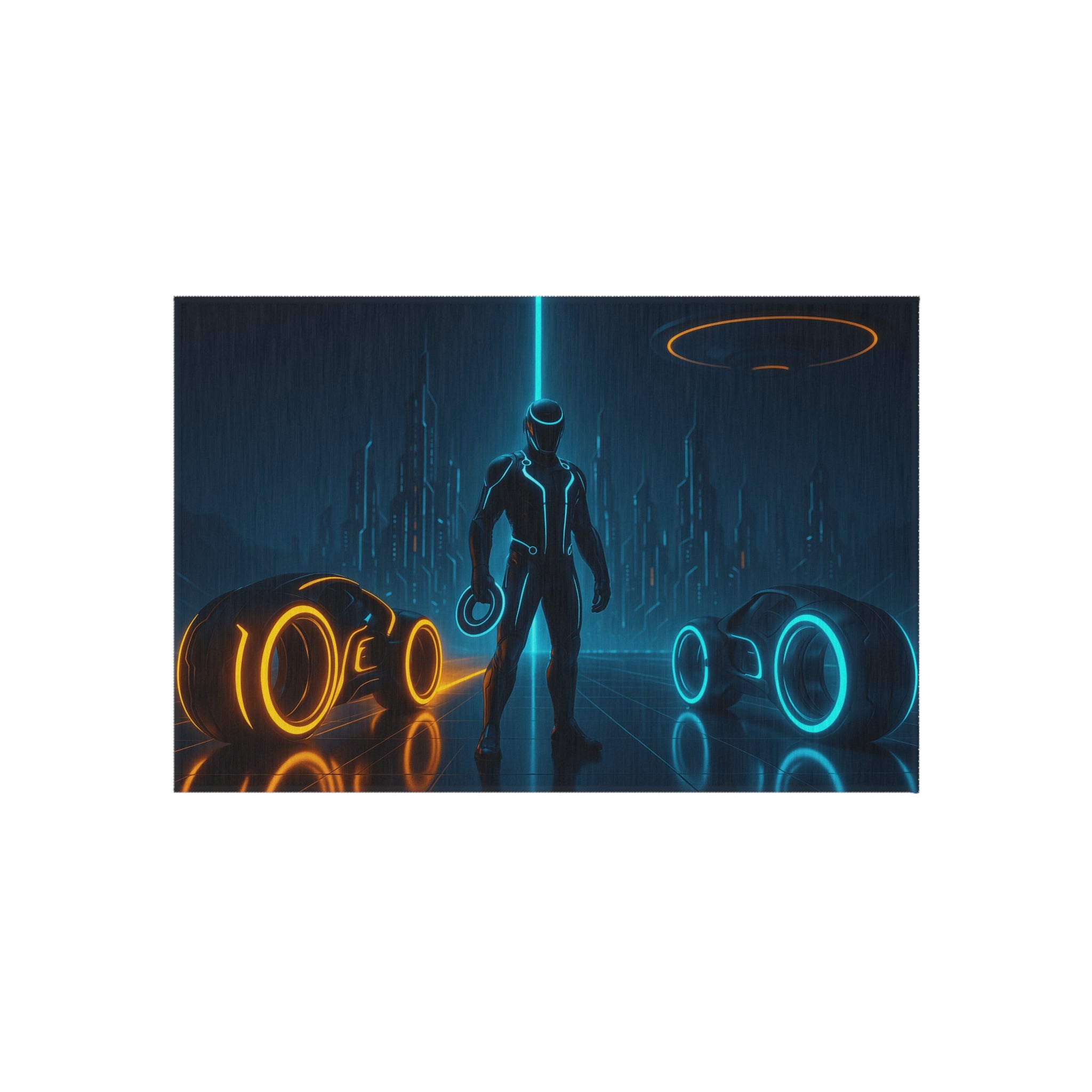 Silhouette of a person standing between glowing circular objects in a dark, futuristic setting.