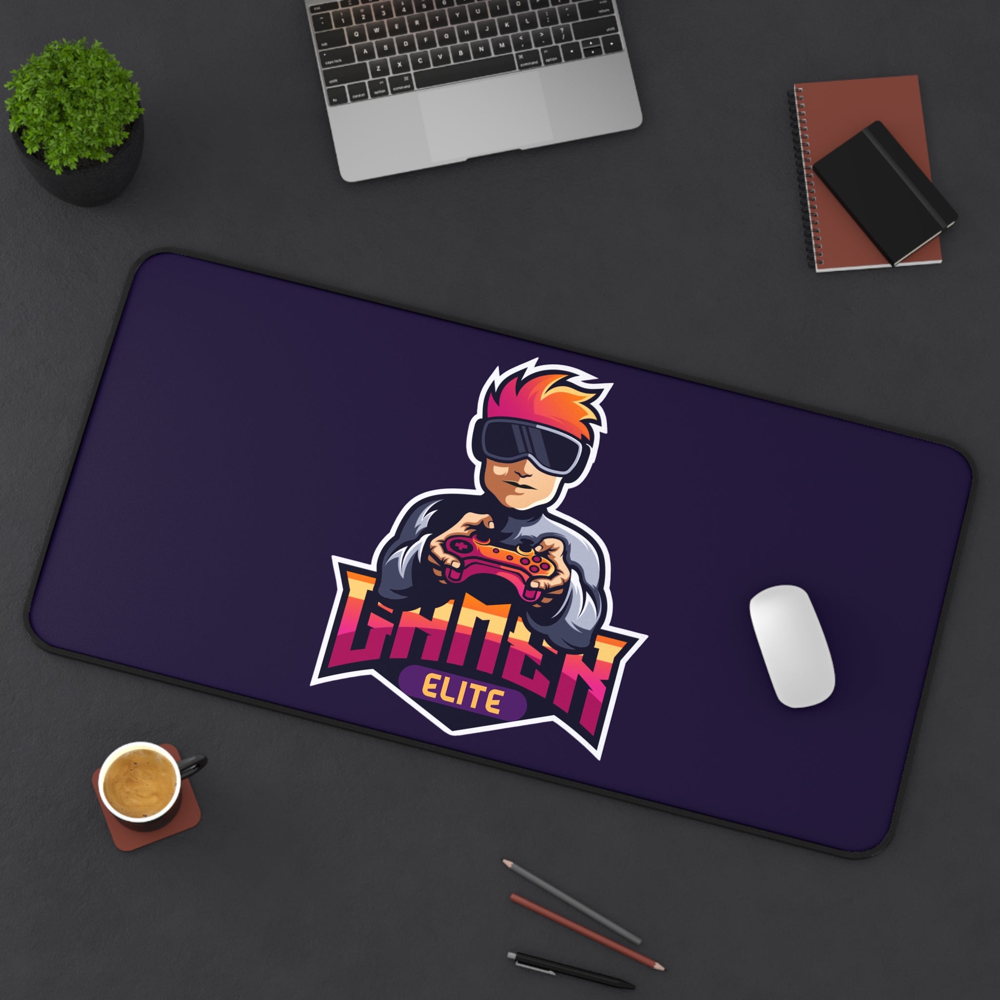 Gaming mouse pad with 'Gamer Elite' design on a desk with laptop, mouse, and coffee.