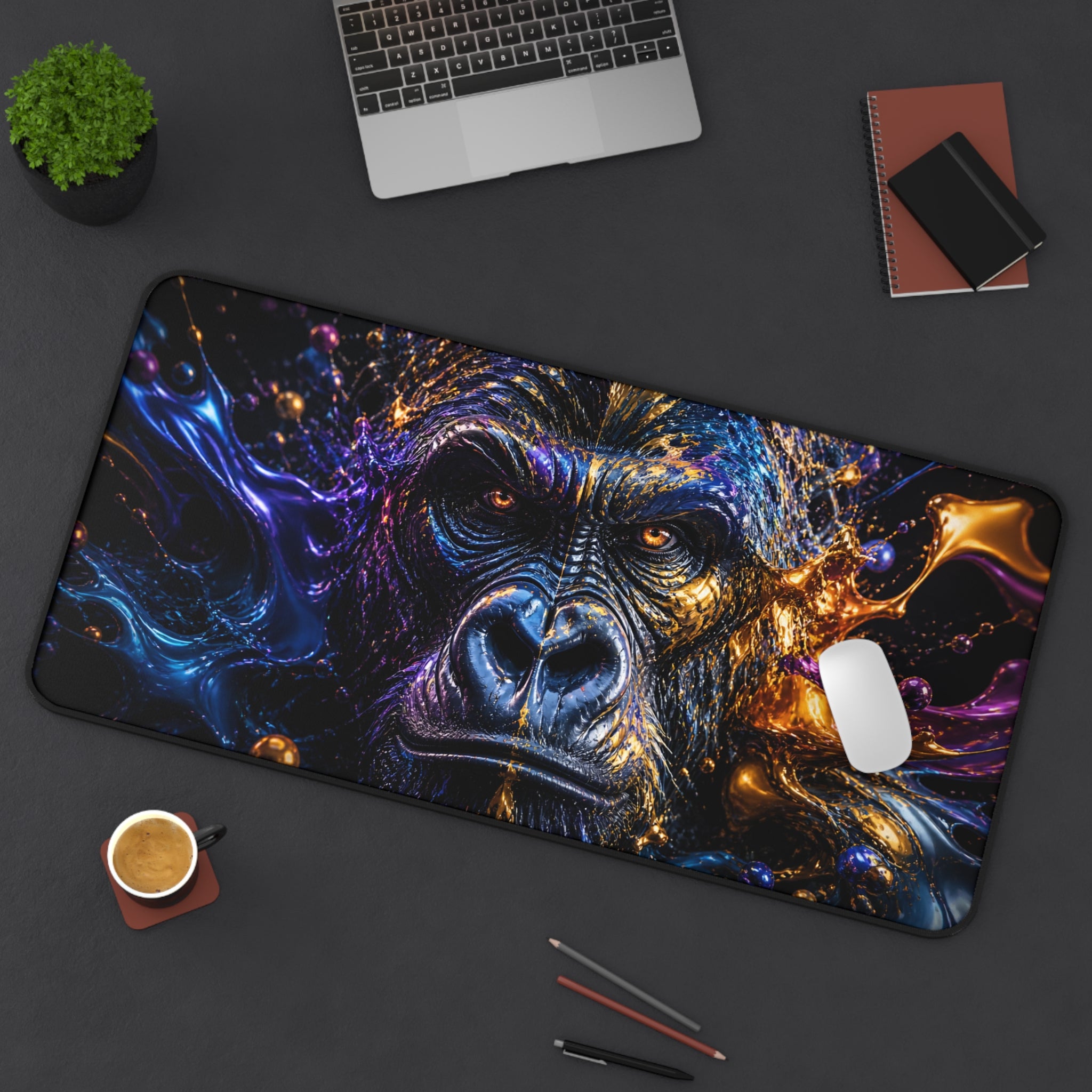 Gorilla-themed mouse pad on a desk with laptop, cup, and stationery items.