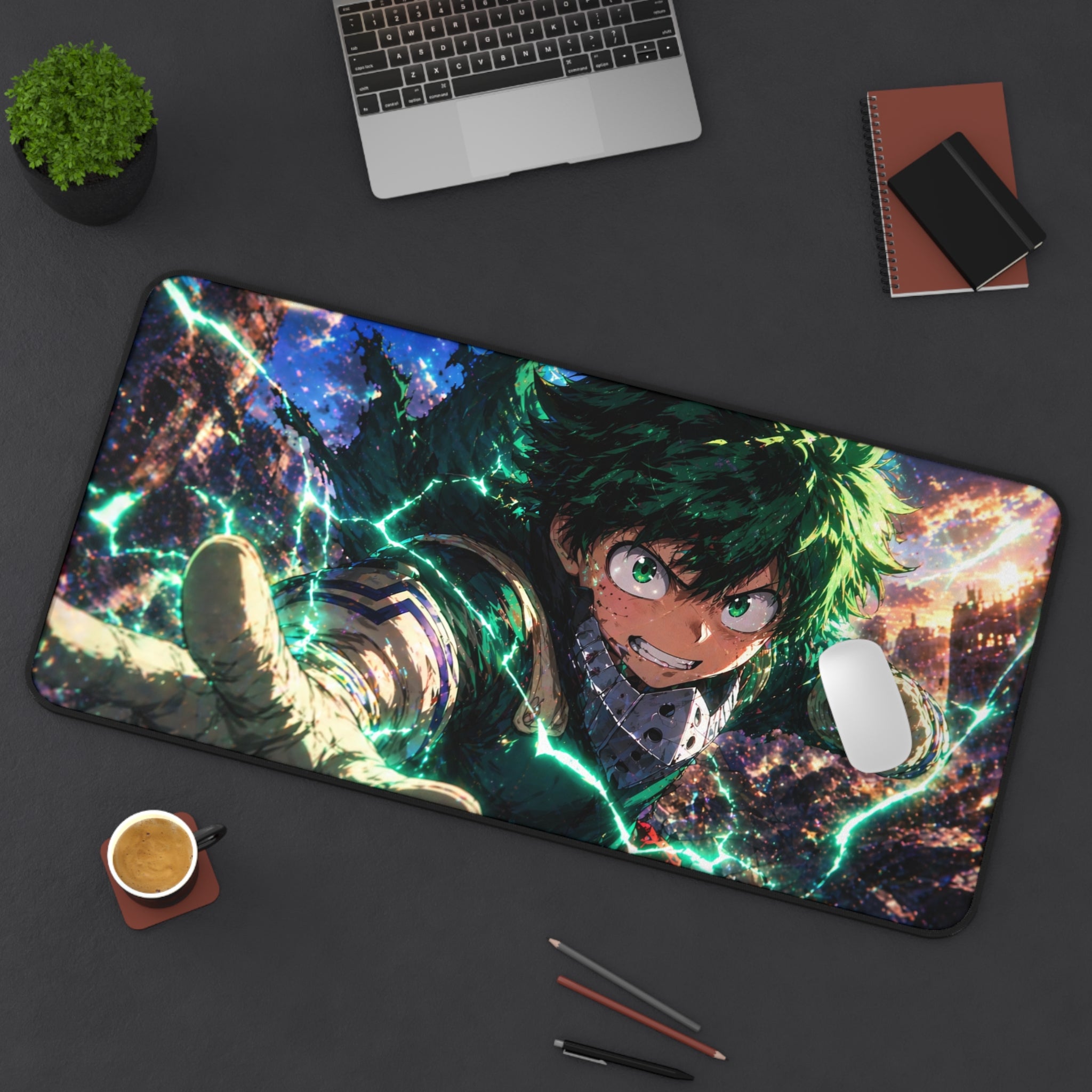 Gaming mouse pad with anime character design on a desk setup