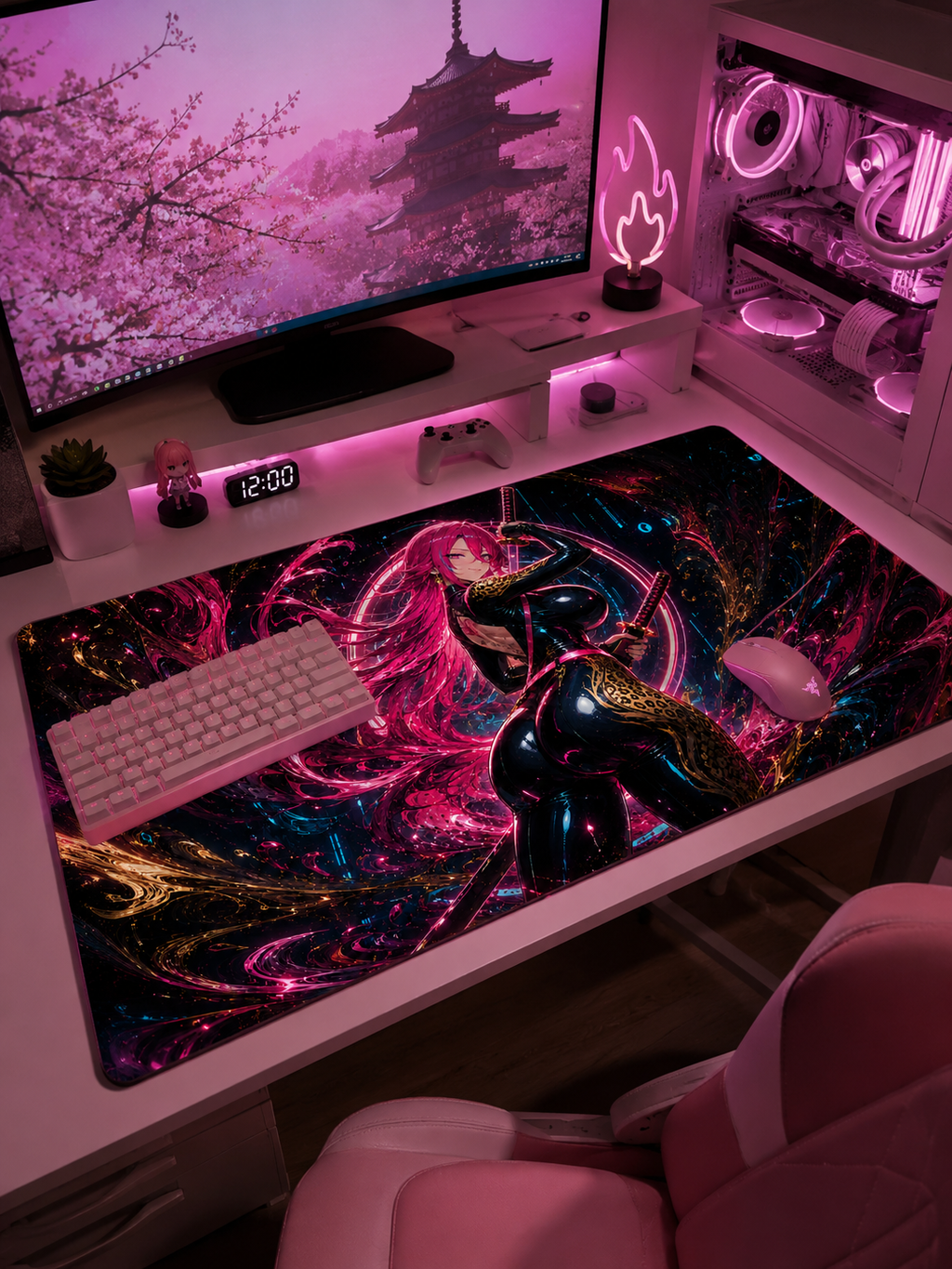 Kaelira Neon Samurai Anime Gaming Desk Mat