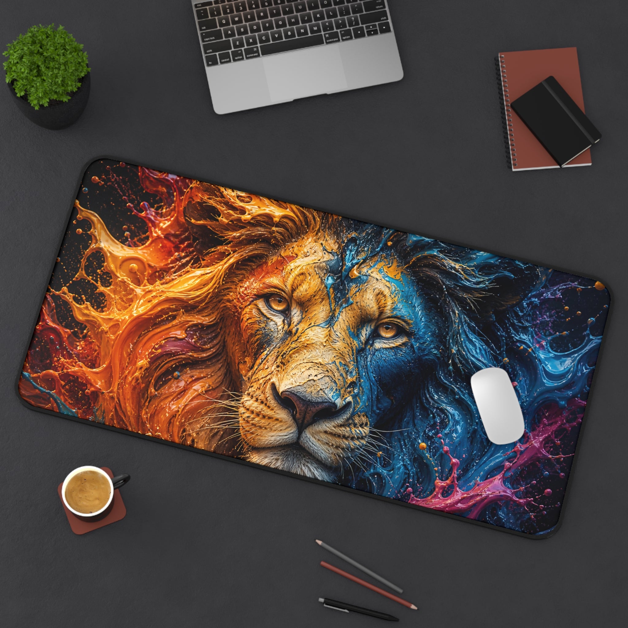 Lion Fire & Water Mouse Pad — Vibrant Animal Print Desk Mat