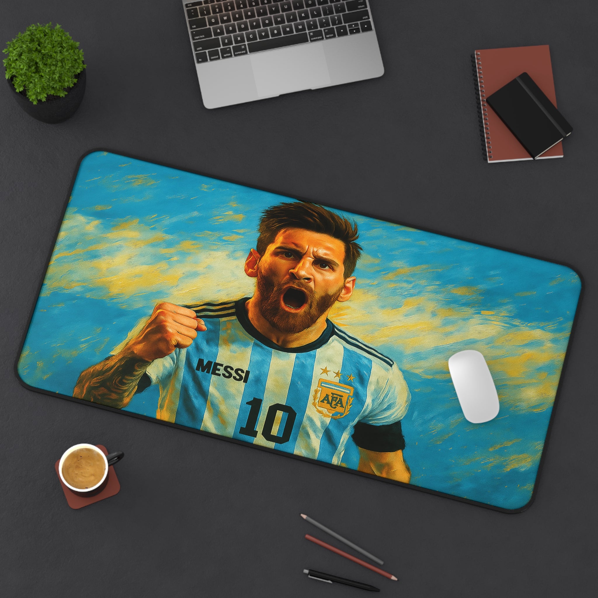 Desk setup with a large mouse pad featuring a soccer player, laptop, coffee cup, and stationery items.