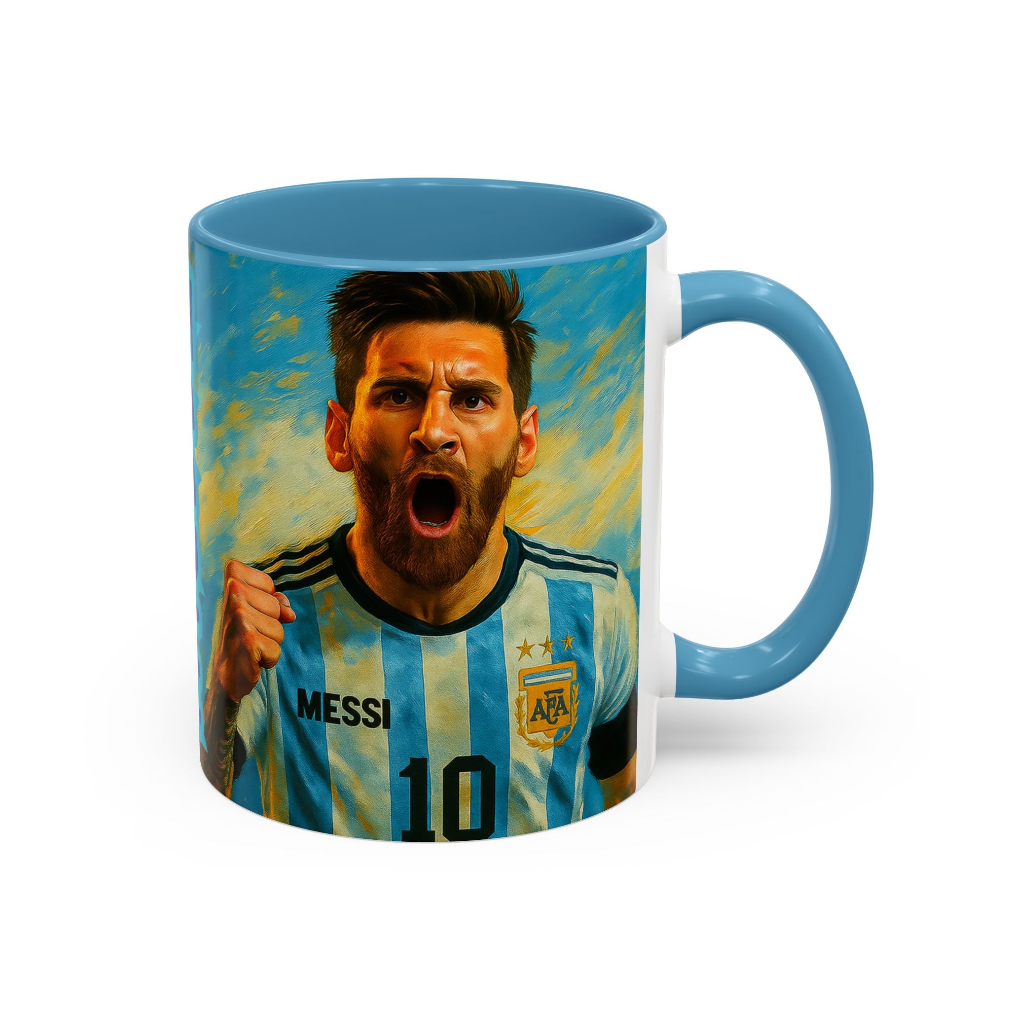 Mug with a graphic of a soccer player in a blue and white striped jersey, with 'Messi' and number '10' visible.