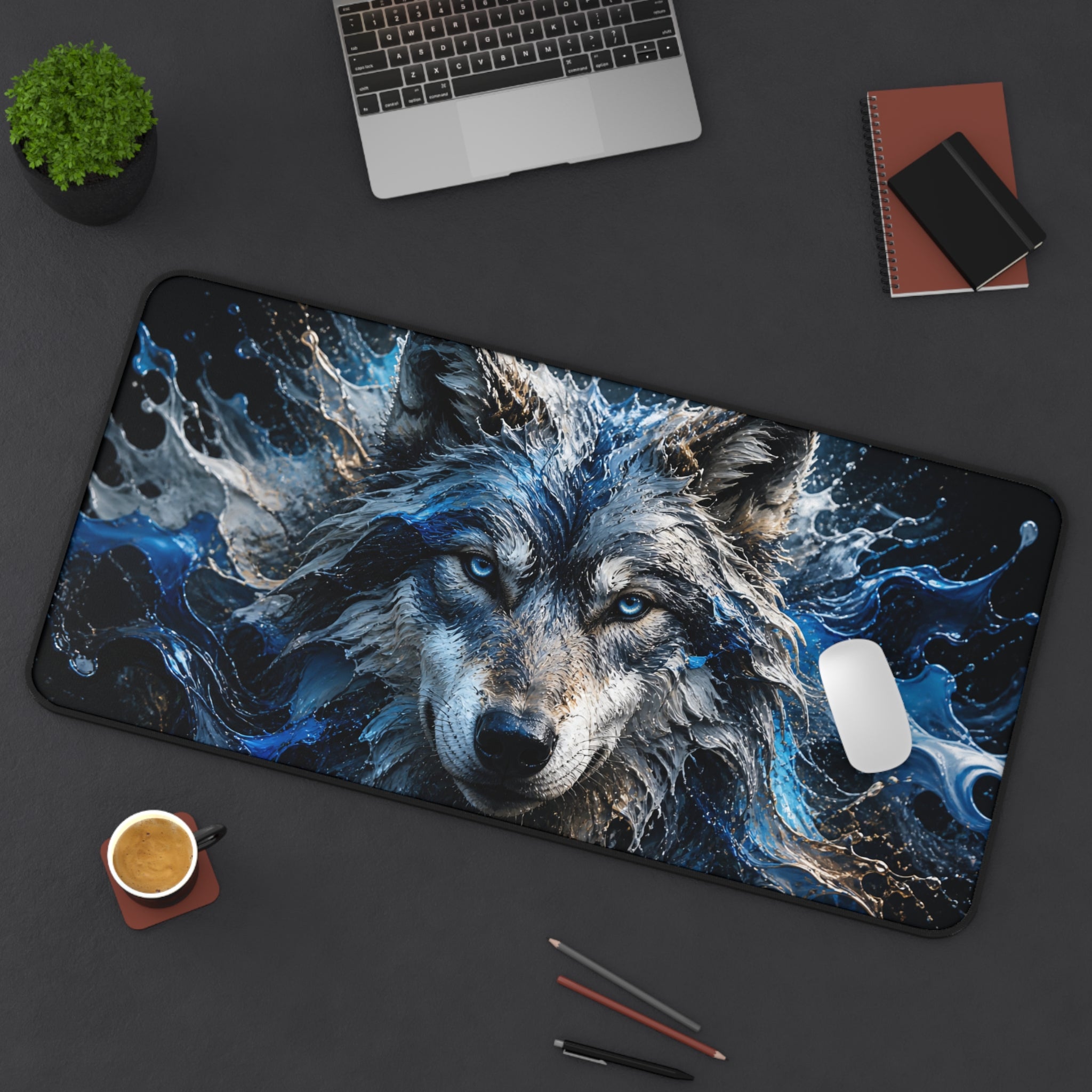 Mystic Blue Wolf Mouse Pad — Large Animal Print Desk Mat