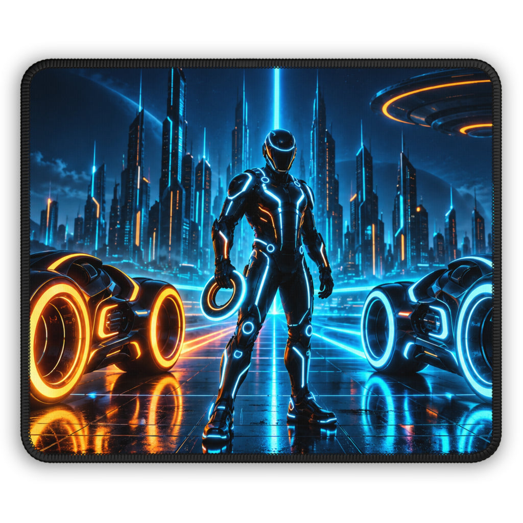 Sci-fi gaming mouse pad featuring an armored warrior between blue and orange neon motorcycles in a futuristic city.