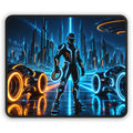 Sci-fi gaming mouse pad featuring an armored warrior between blue and orange neon motorcycles in a futuristic city.