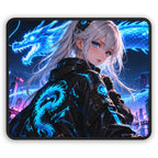 Neon Cyberpunk Girl with Blue Dragon Mouse Pad