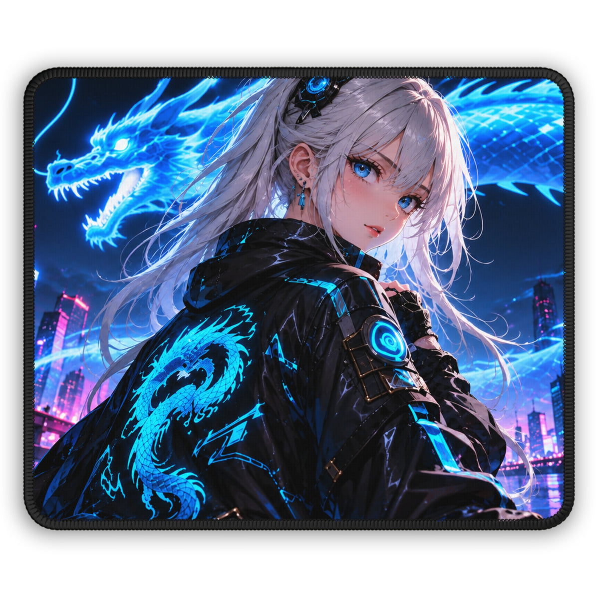 Neon Cyberpunk Girl with Blue Dragon Mouse Pad