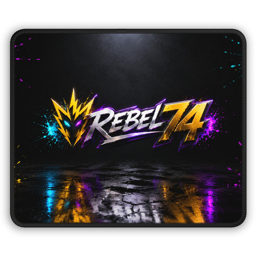 Rebel74 gaming mouse pad with a gold and silver logo, lightning emblem, and cyan and magenta accents on a black reflective background.