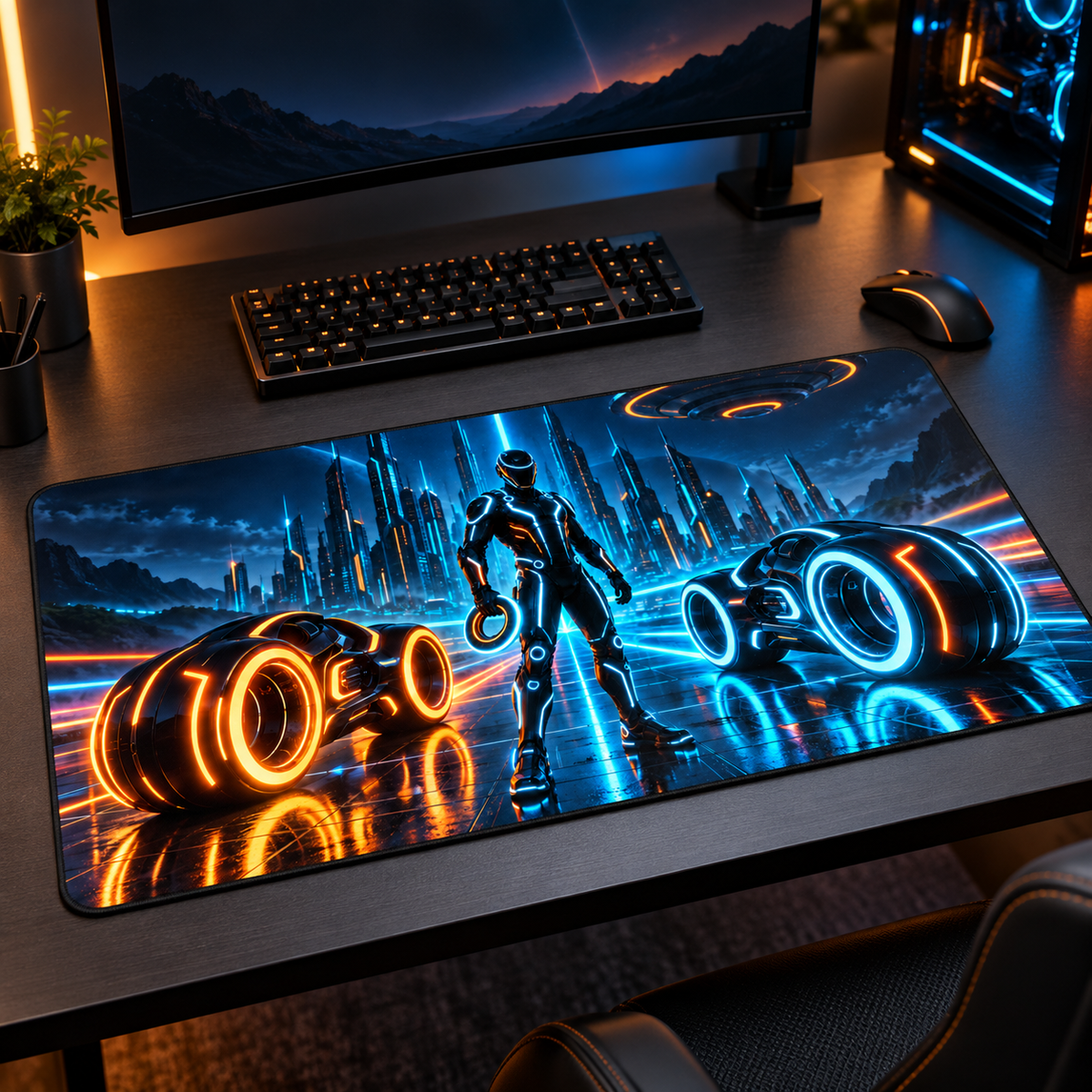 Neon Guardian Sci-Fi Gaming Desk Mat
