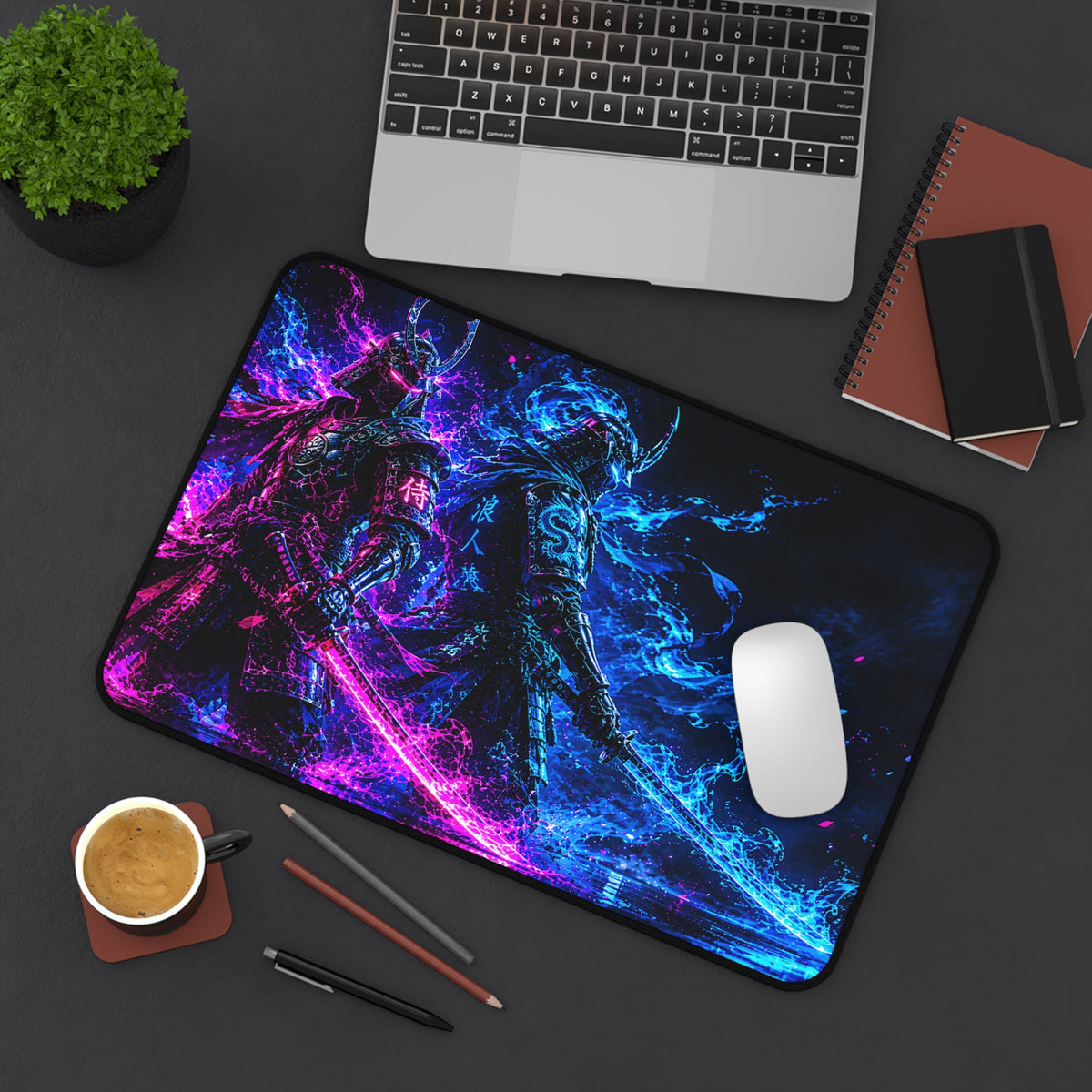 Neon Samurai Desk Mat – Blue & Pink Vaporwave Gaming Mouse Pad