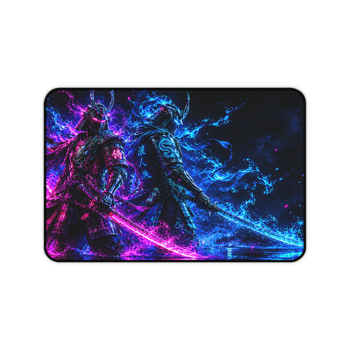 Neon Samurai Desk Mat – Blue & Pink Vaporwave Gaming Mouse Pad