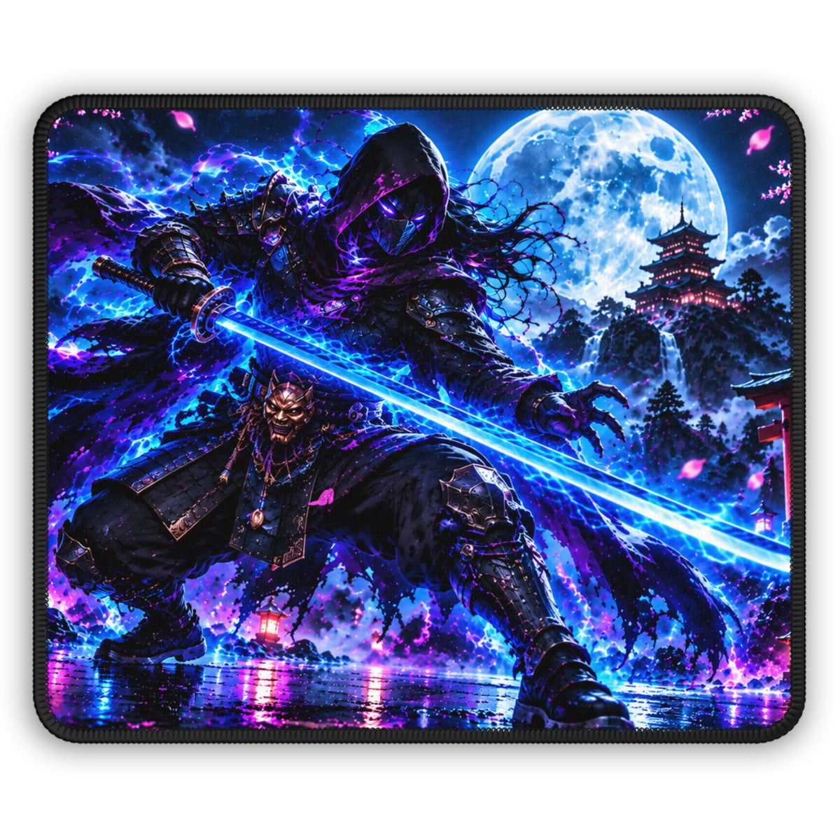 Gaming mouse pad featuring a hooded samurai with a glowing blue katana, purple lightning, and a Japanese temple beneath a full moon.