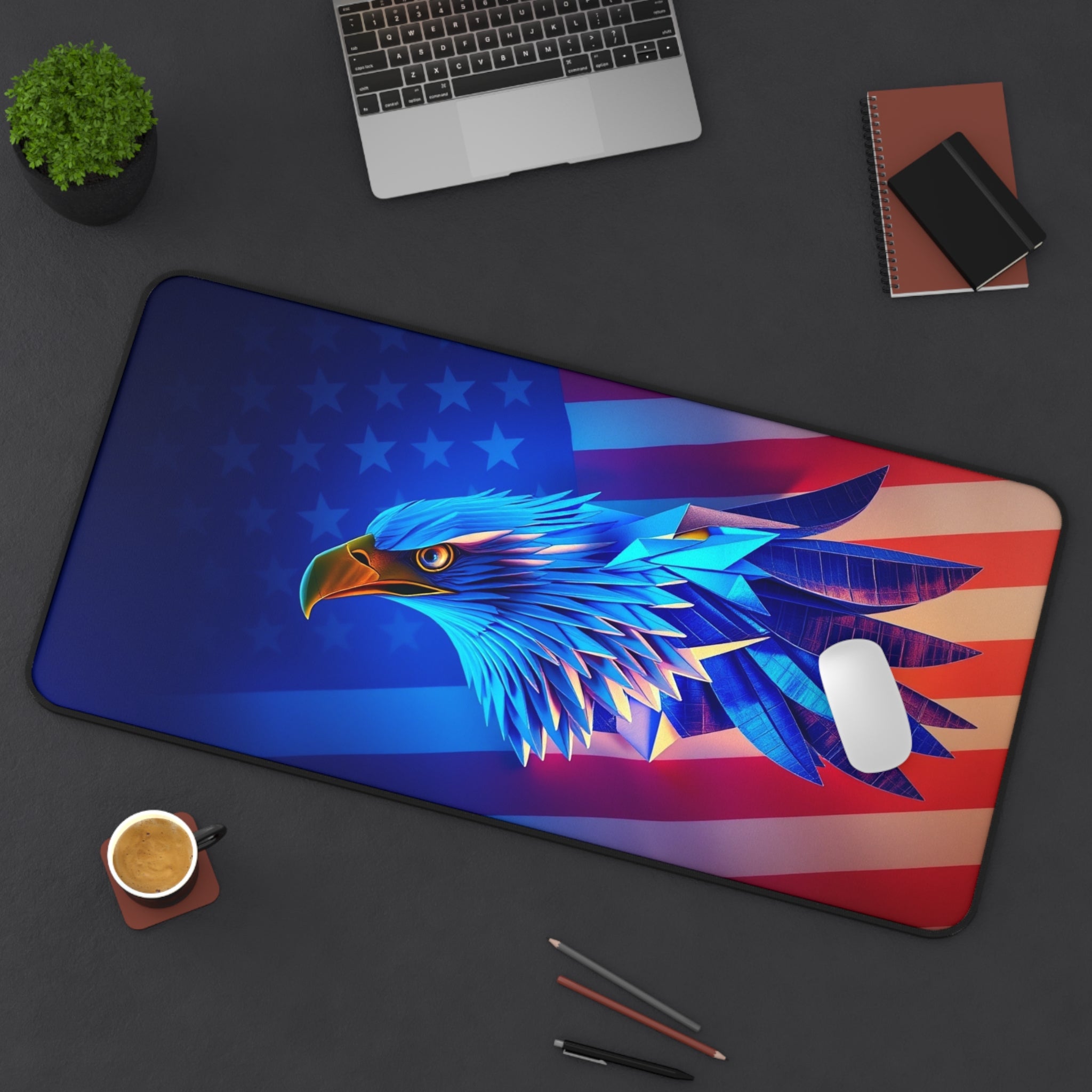 Desk setup with a large mouse pad featuring an eagle design on an American flag background.