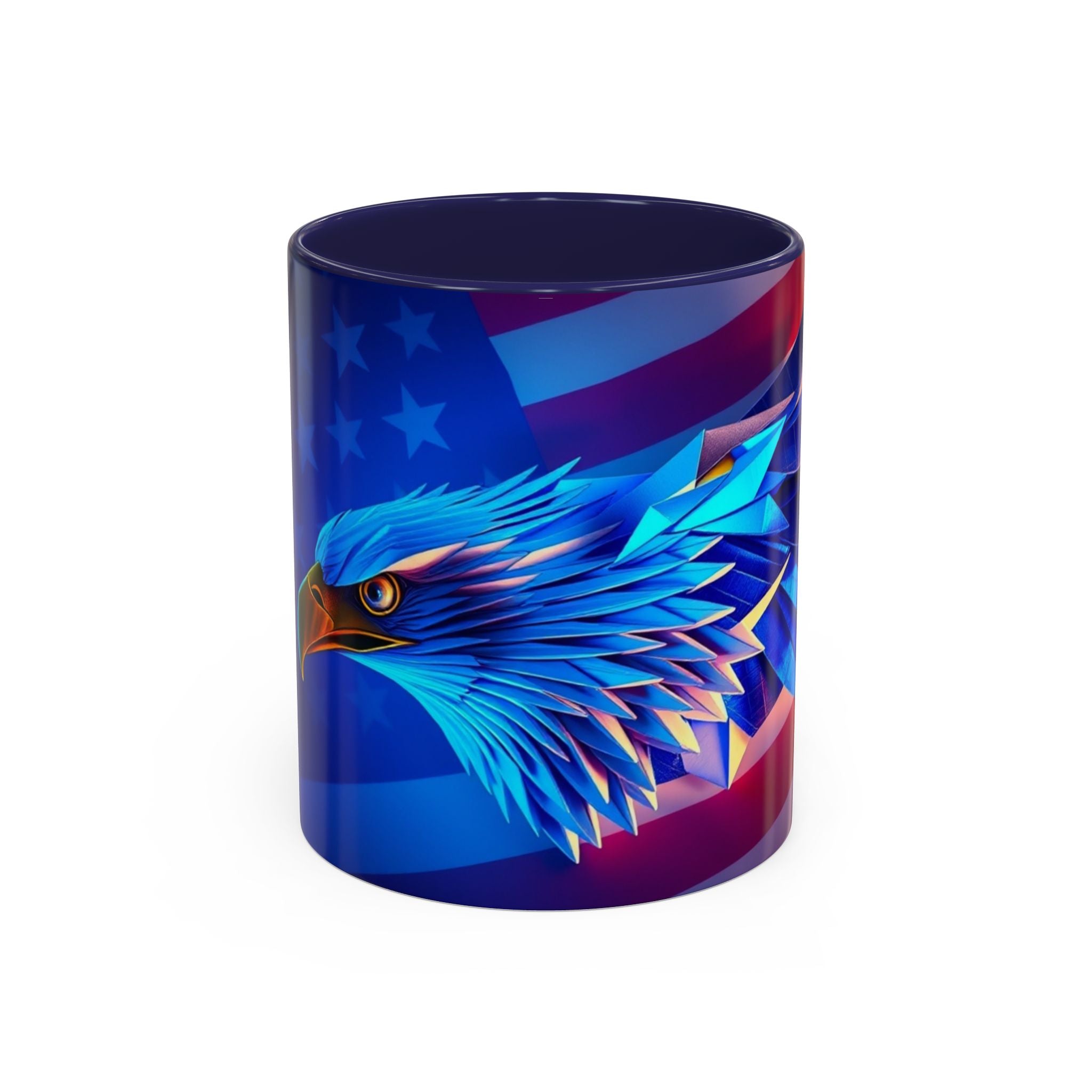 Colorful mug with an eagle design on a white background