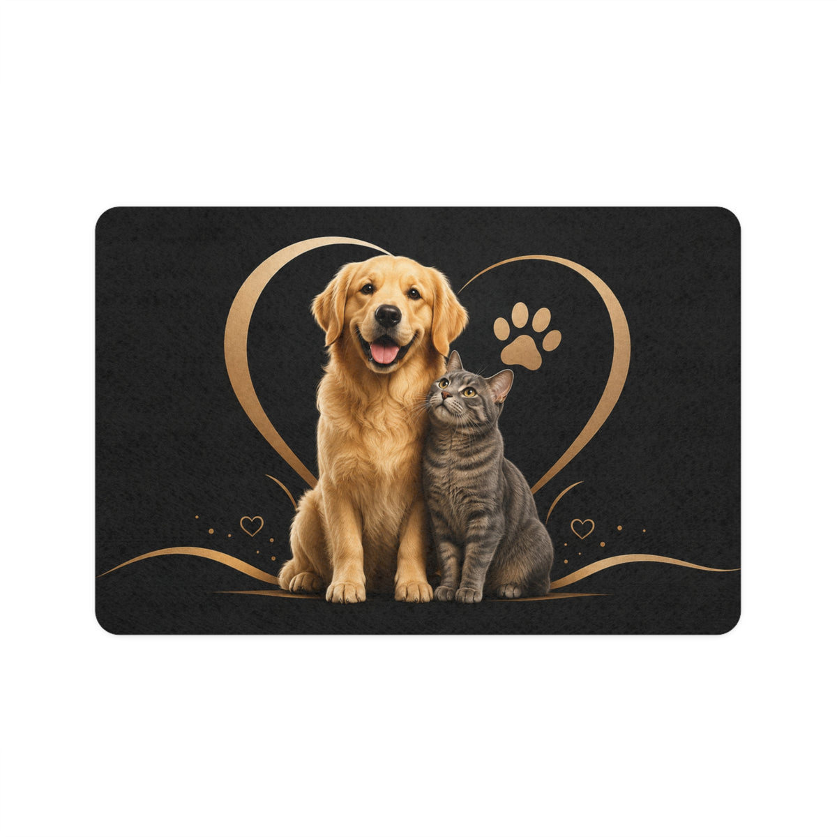 Pet Food Mat — Golden Retriever & Cat Heart Design