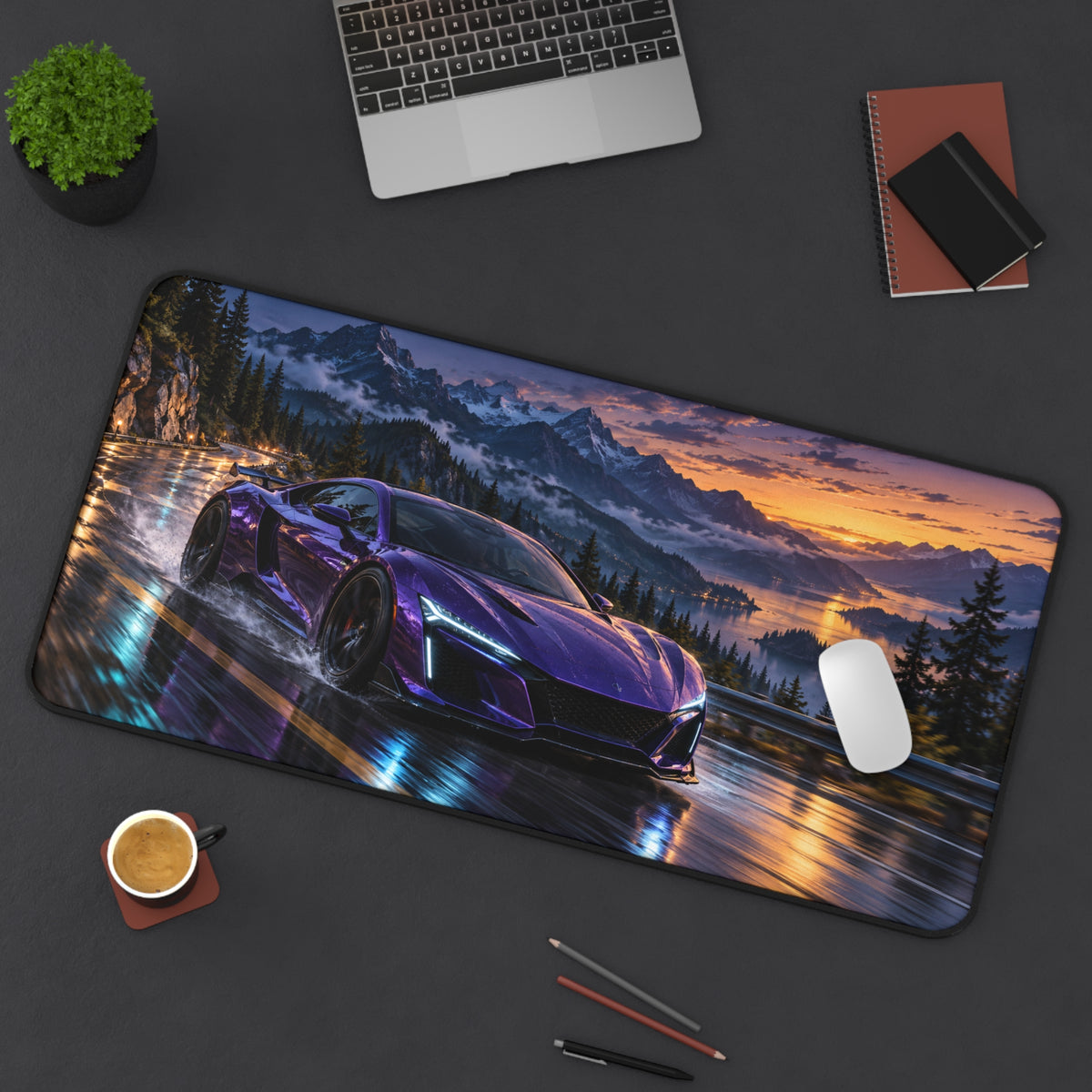 Purple sports car desk mat featuring a wet mountain road, alpine lake and sunset scenery.