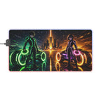 Mouse pad with futuristic design featuring two characters and neon lights on a cityscape background.