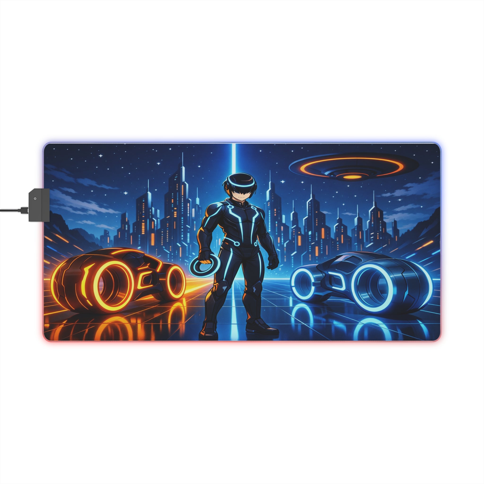 Gaming mouse pad with futuristic cityscape design and character holding a gun.