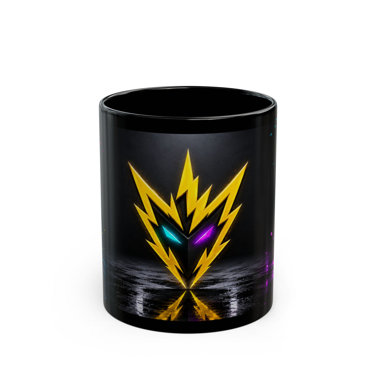 Rebel74 Emblem Black Mug - Neon Lightning Splash Cup