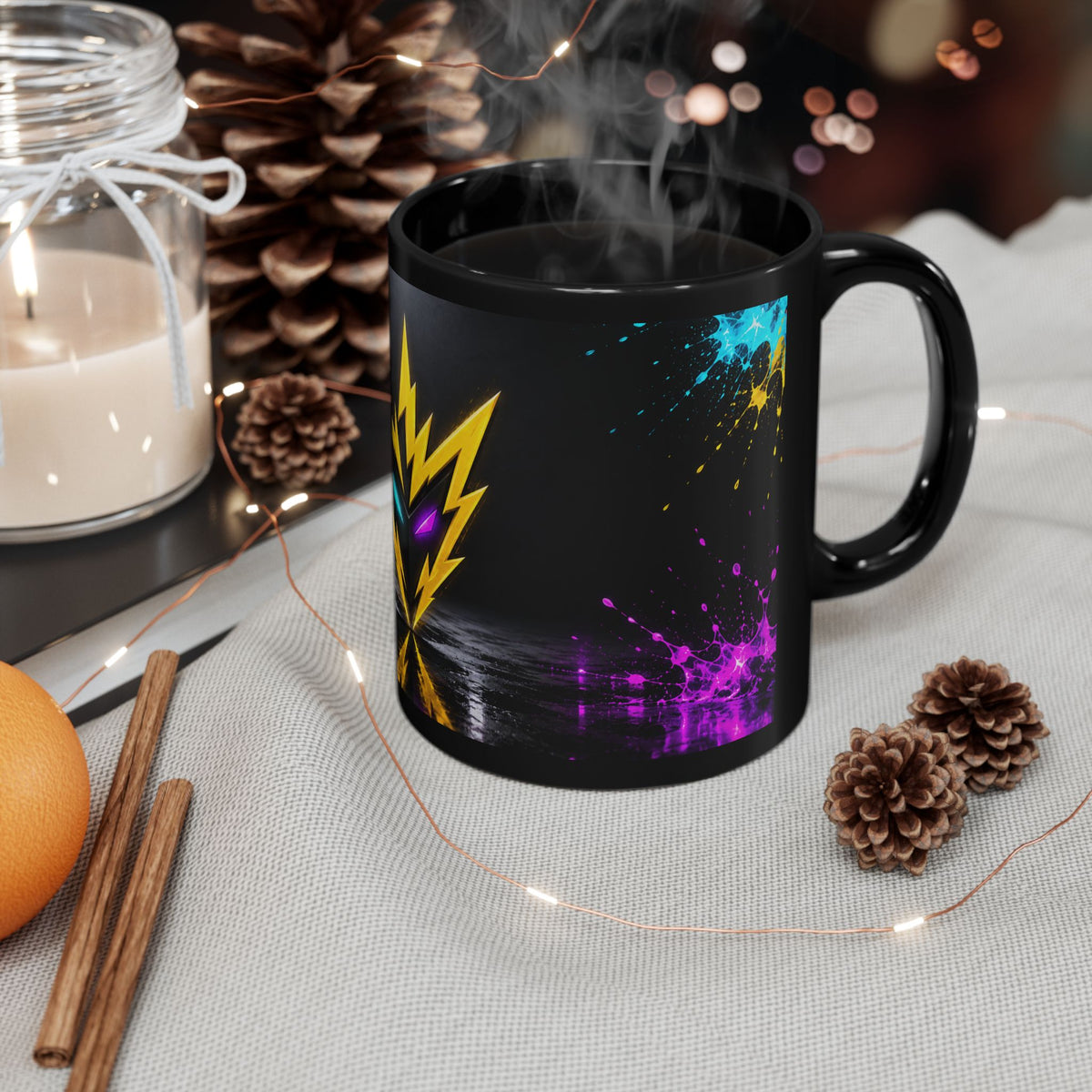 Rebel74 Emblem Black Mug - Neon Lightning Splash Cup
