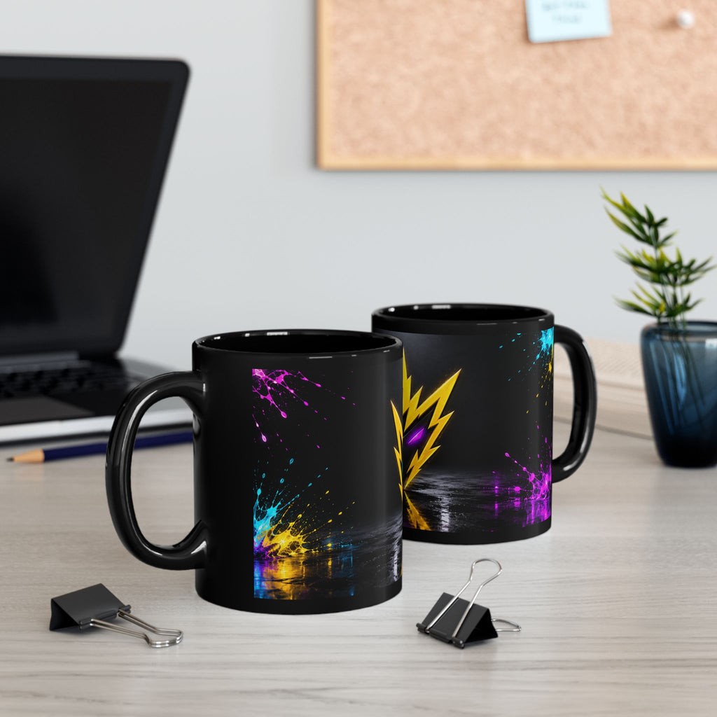 Rebel74 Emblem Black Mug - Neon Lightning Splash Cup