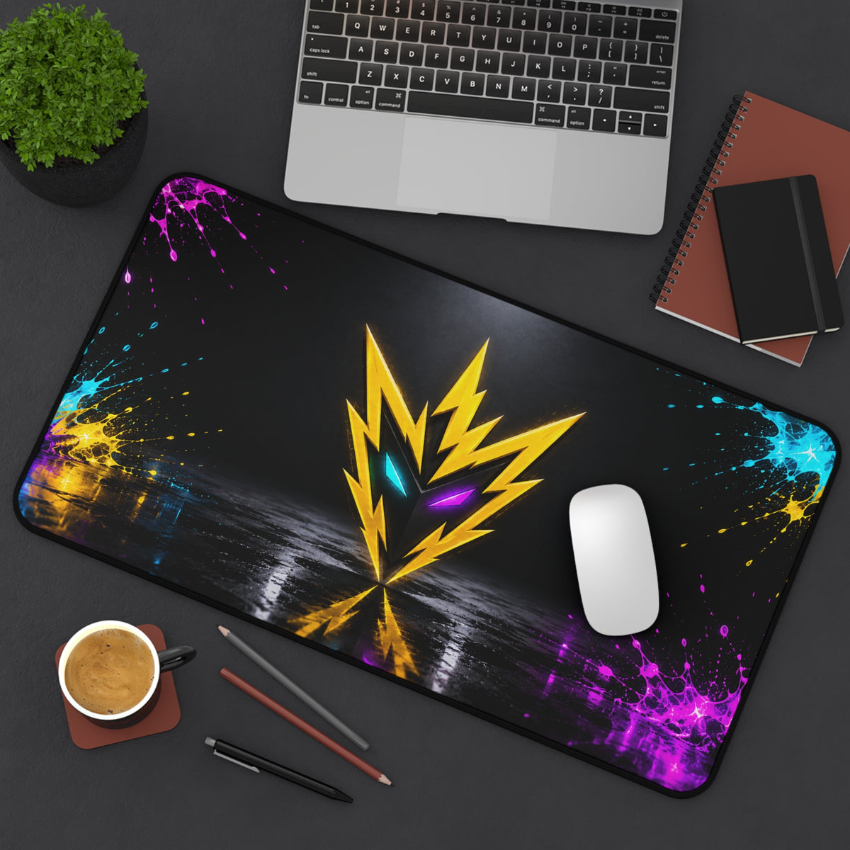 Rebel74 Gaming Desk Mat — Neon Lightning Emblem with Color Splash