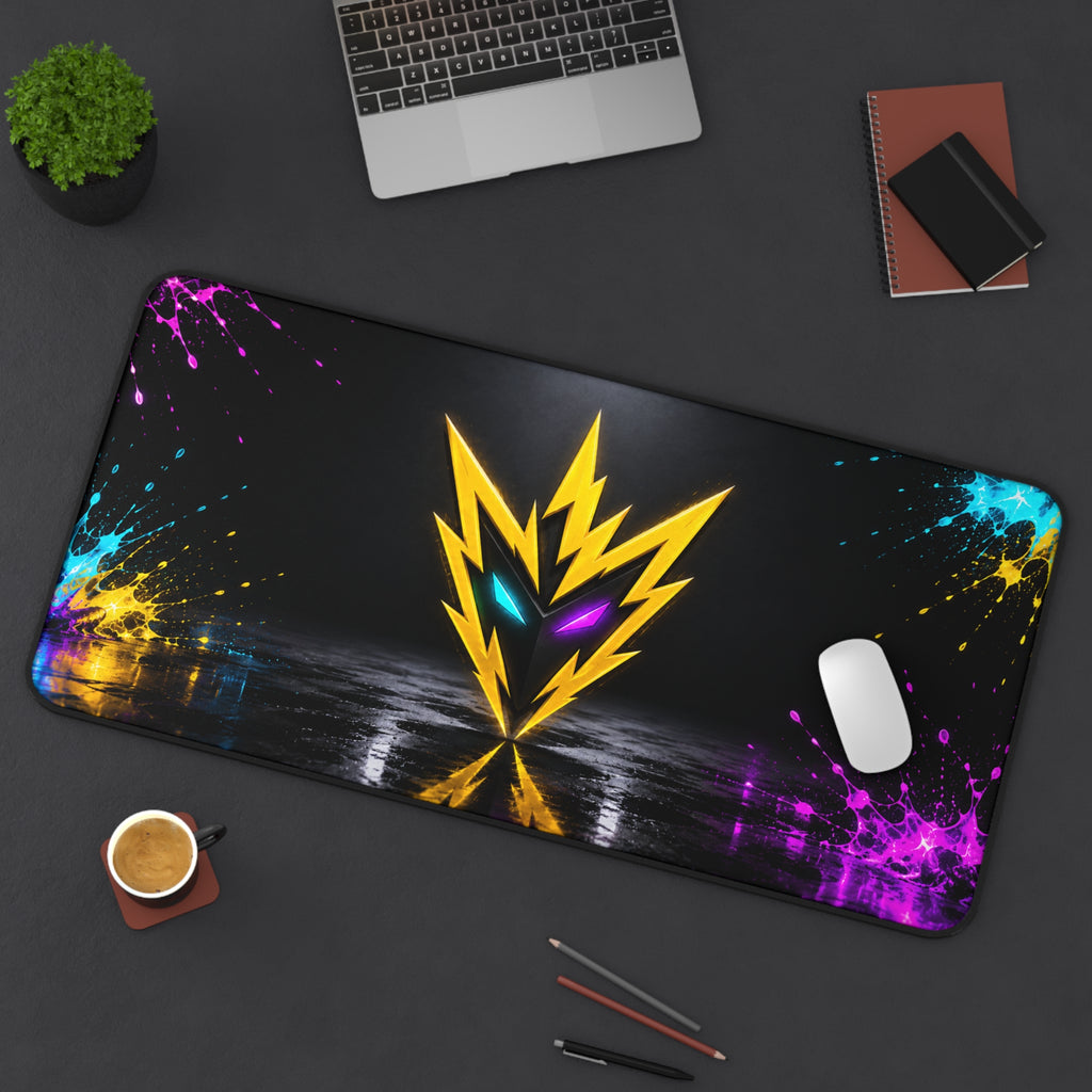 Rebel74 Gaming Desk Mat — Neon Lightning Emblem with Color Splash