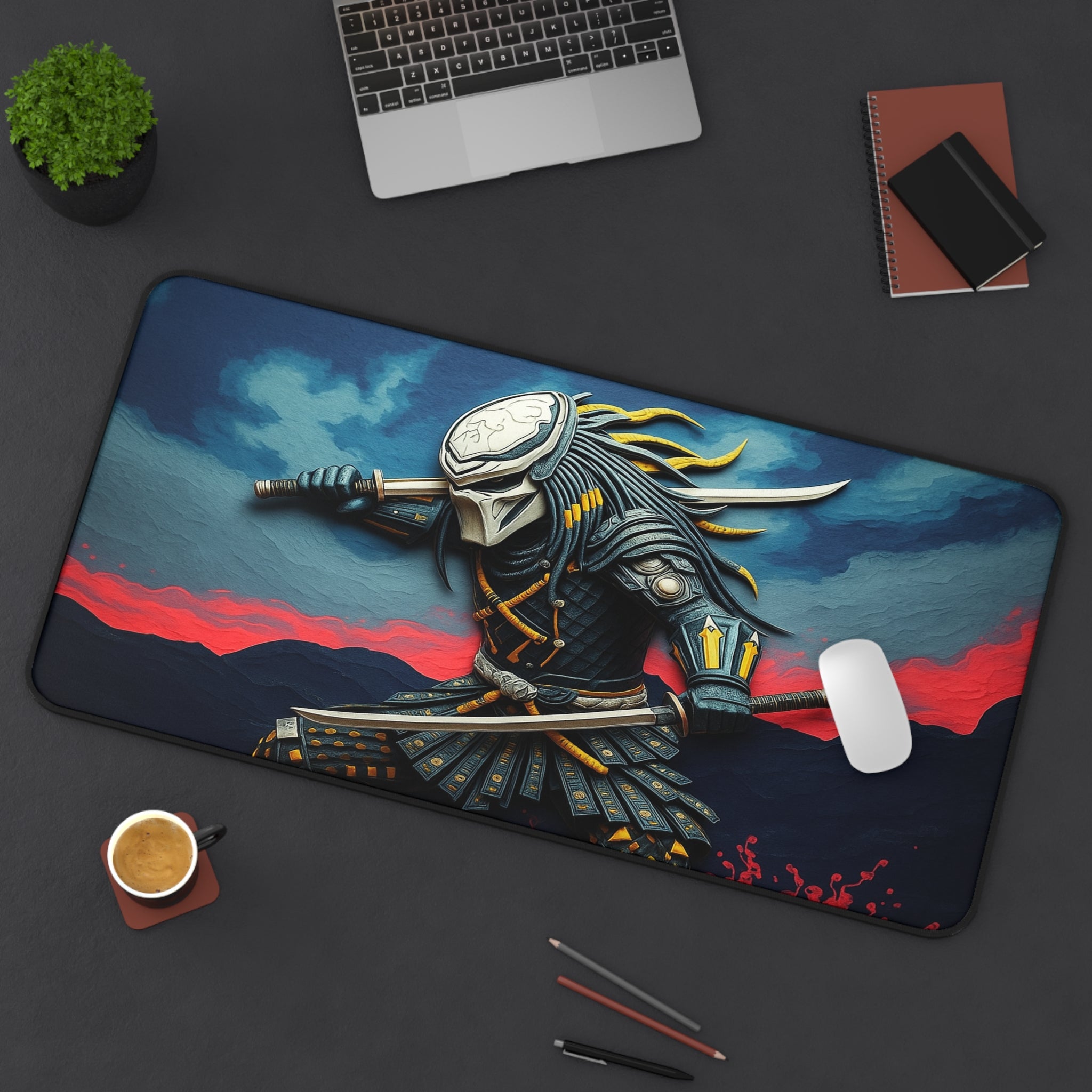 Mouse pad with a warrior design on a desk with a laptop and other items.