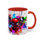 Mug with colorful design featuring a superhero character on a white background