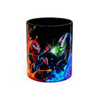 Black mug with colorful Spider-Man and Venom design on a white background