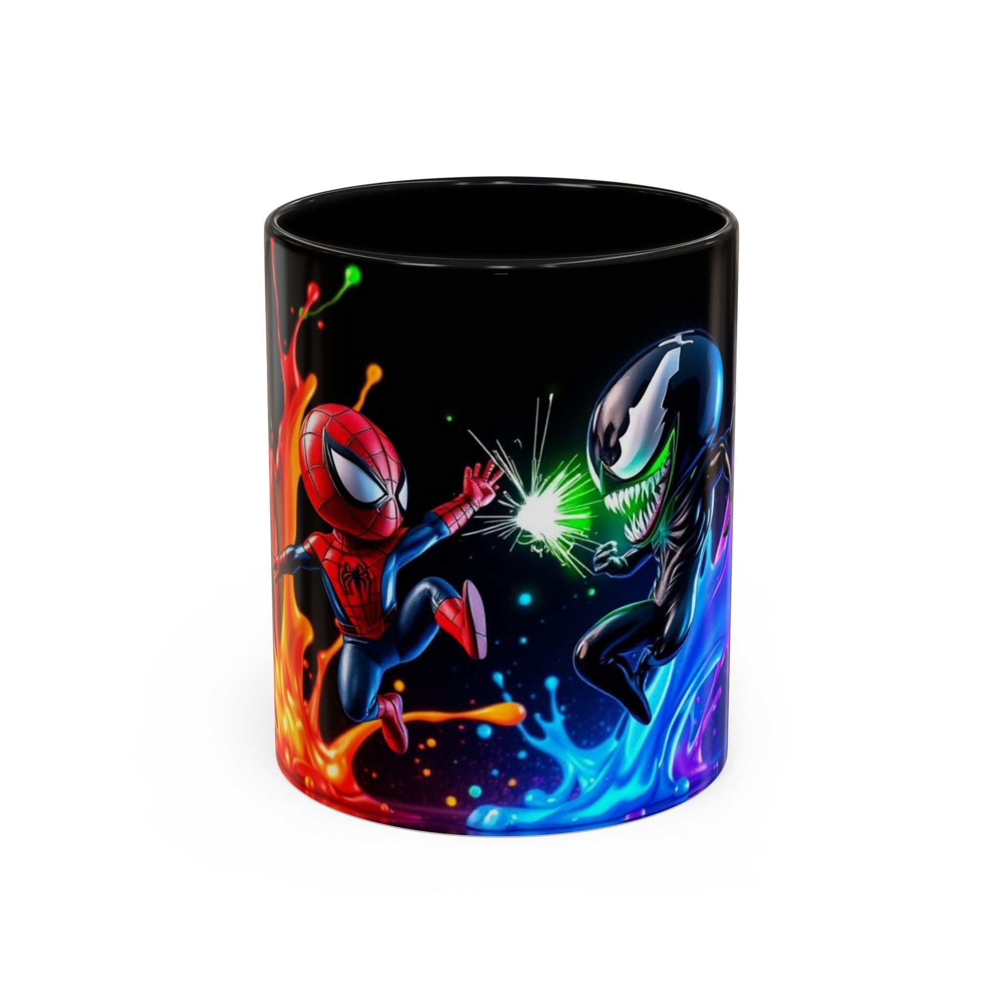 Black mug with colorful Spider-Man and Venom design on a white background